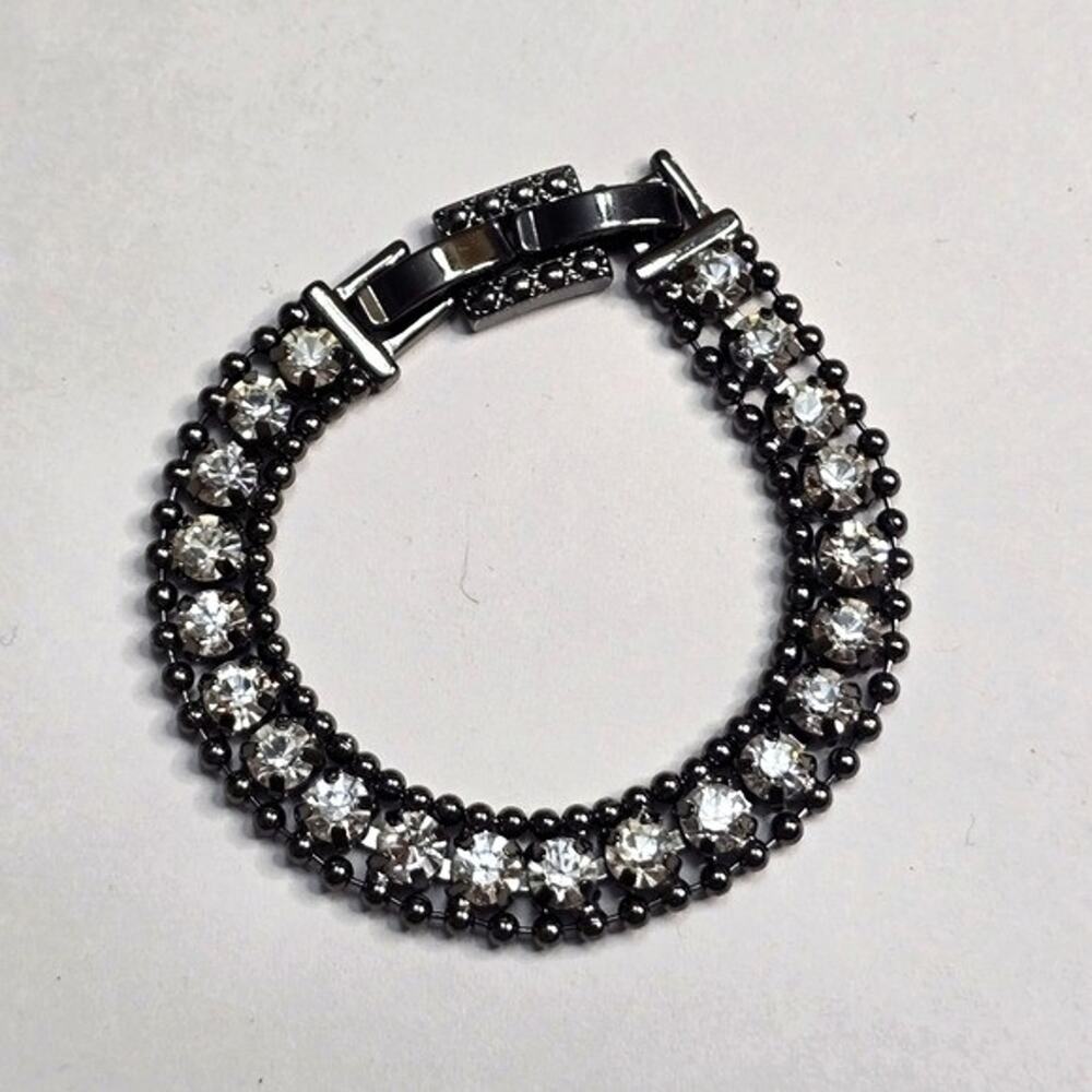 Stella & Dot Gunmetal Crystal Beaded Tennis Bracelet Clear Stones 7.25 inch